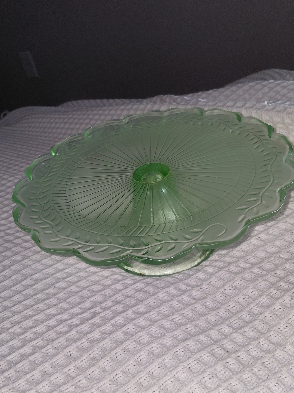 Green Glass Pedestal Cake Stand Vintage